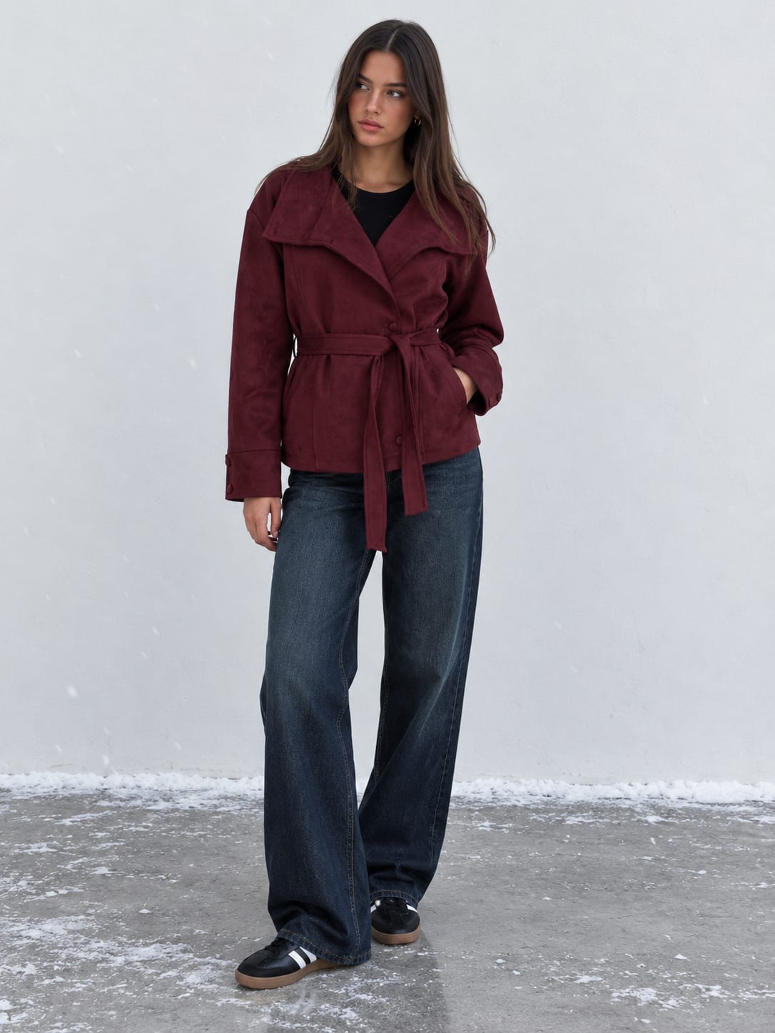 Suede Belted Jacket – Burgundy