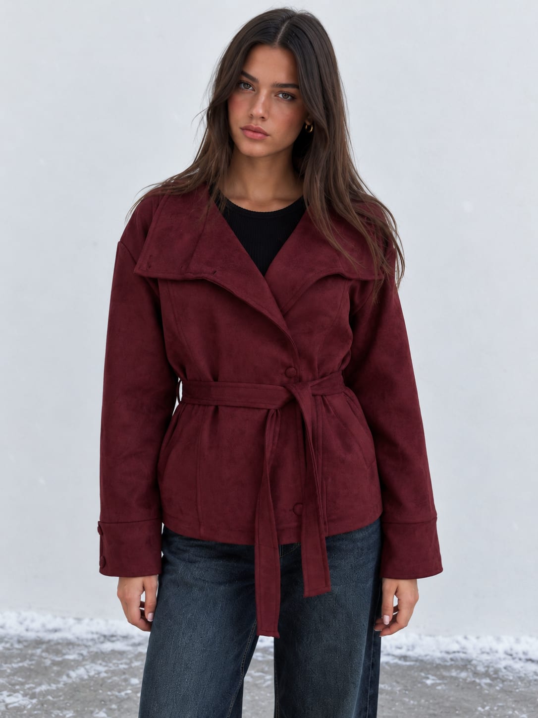 Suede Belted Jacket – Burgundy