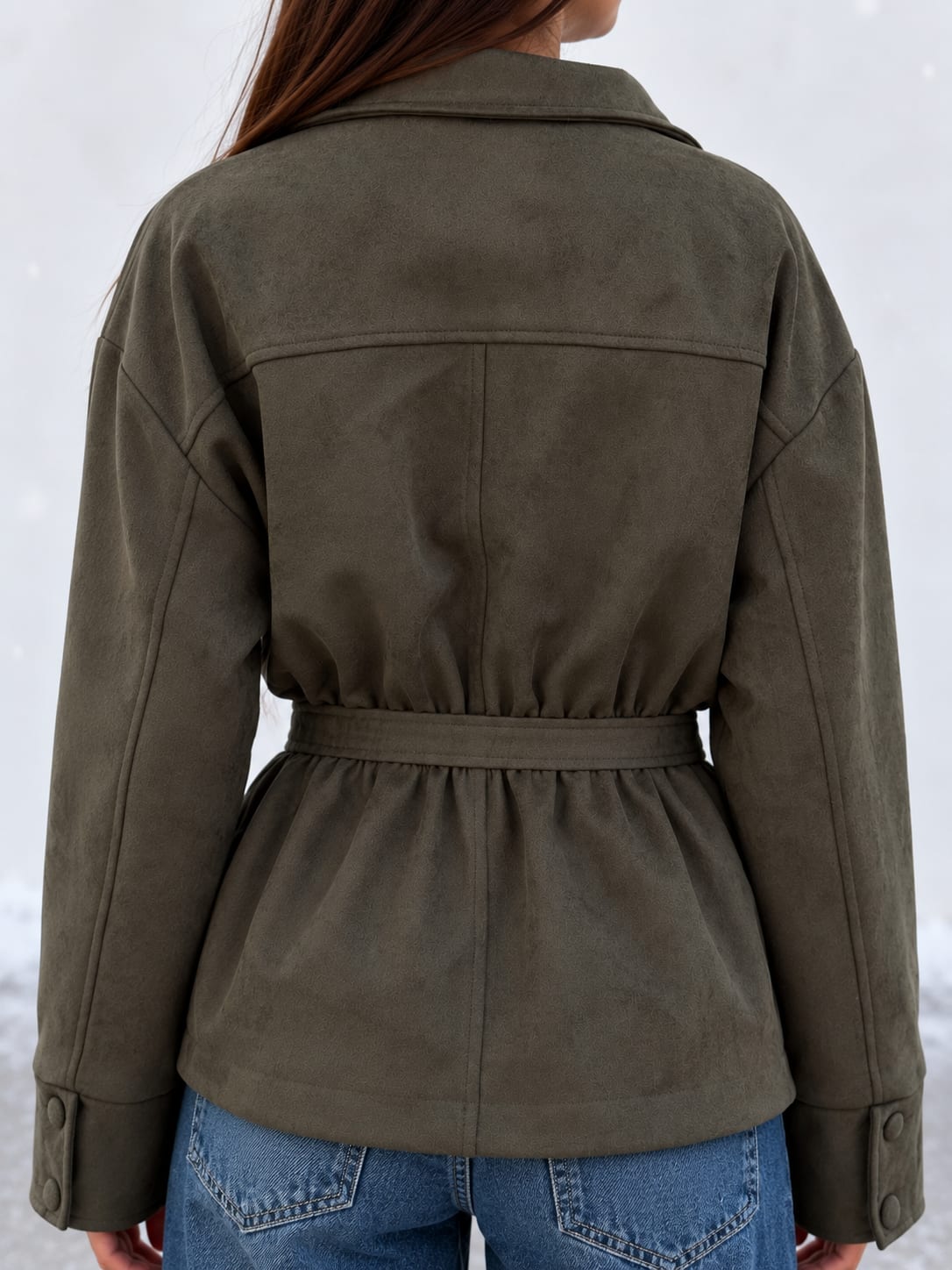 Suede Belted Jacket – Olive