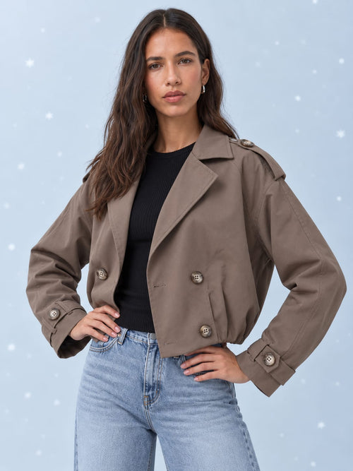 Pleated Cropped Trench Coat – Taupe Brown