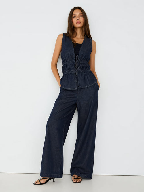 Wide-Leg Drawstring Dark Indigo Denim Pants Wide-Leg CIZARO - Cizaro Jeans