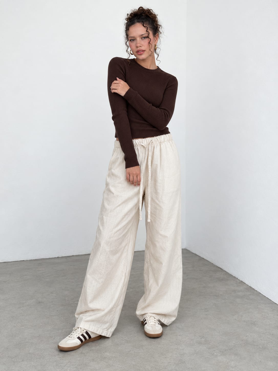 Ecru Wide-Leg Linen-Effect Pants