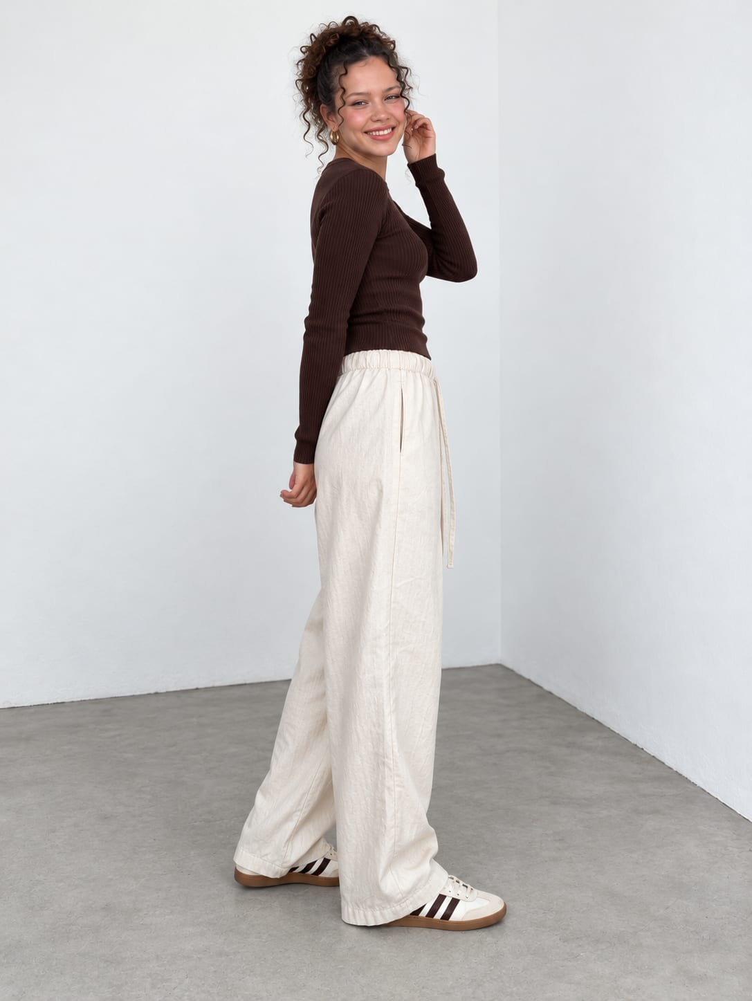 Ecru Wide-Leg Linen-Effect Pants