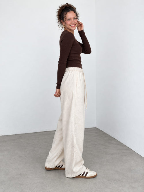 Ecru Wide-Leg Linen-Effect Pants