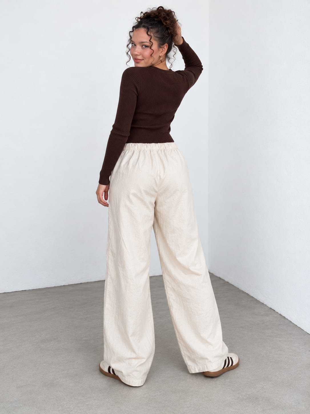 Ecru Wide-Leg Linen-Effect Pants