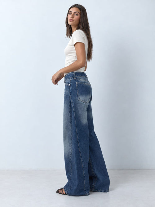 Super Baggy Mid-Waist Double-Buckle Dark Vintage Blue Jeans Super Baggy CIZARO - Cizaro Jeans