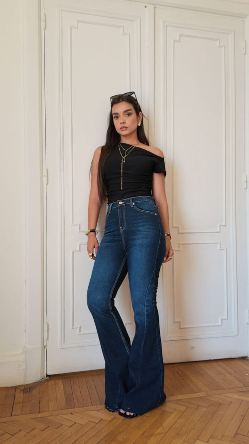 Slim Flare High-Waist Deep Indigo Blue Jeans