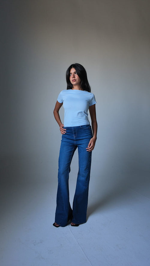 Super Flare – High-Waist Marine Mid Blue Jeans Super Flare CIZARO - Cizaro Jeans