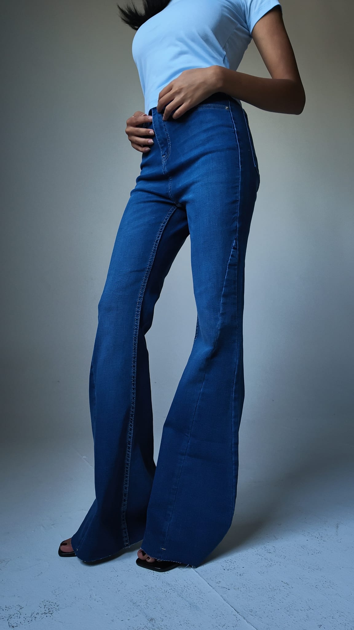 Super Flare – High-Waist Marine Mid Blue Jeans Super Flare CIZARO - Cizaro Jeans