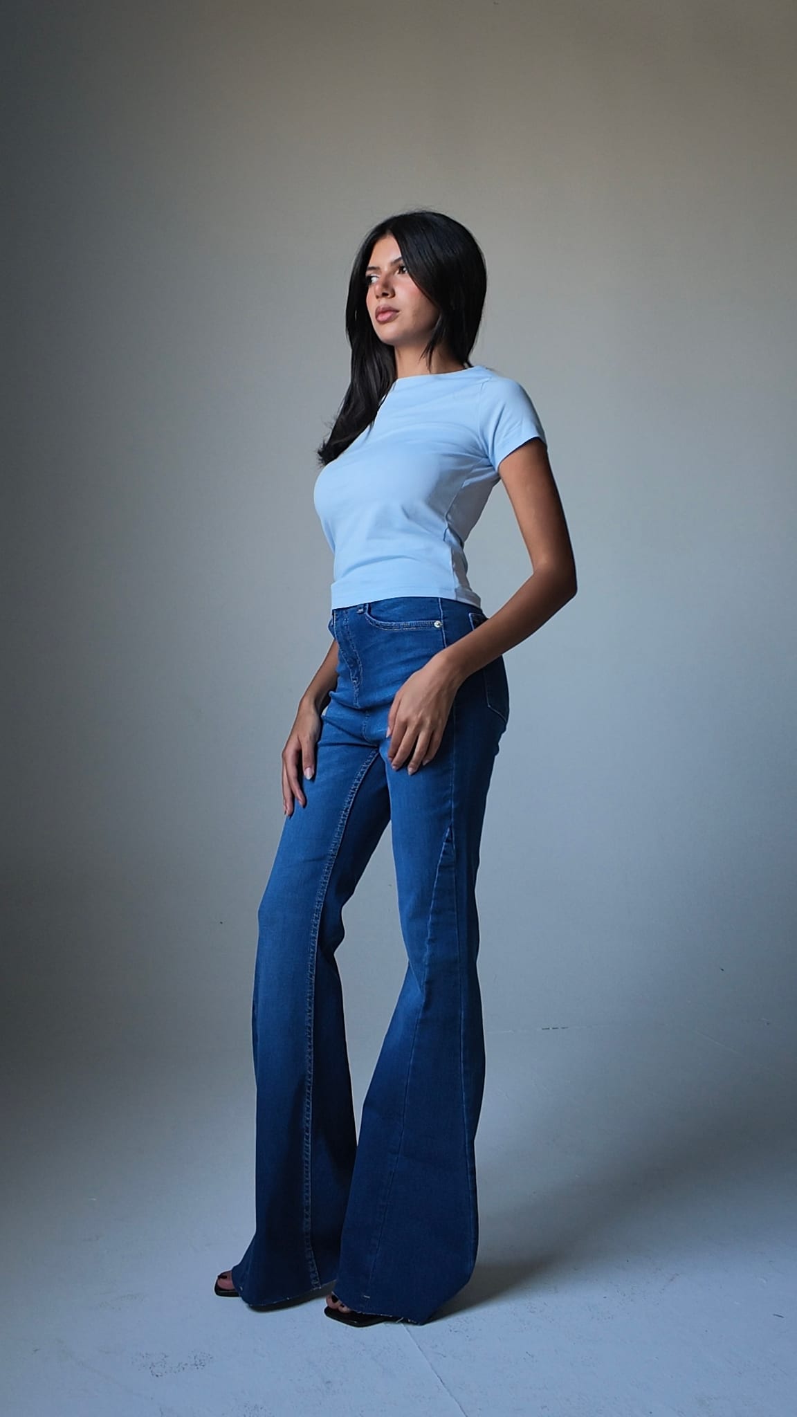 Super Flare – High-Waist Marine Mid Blue Jeans Super Flare CIZARO - Cizaro Jeans