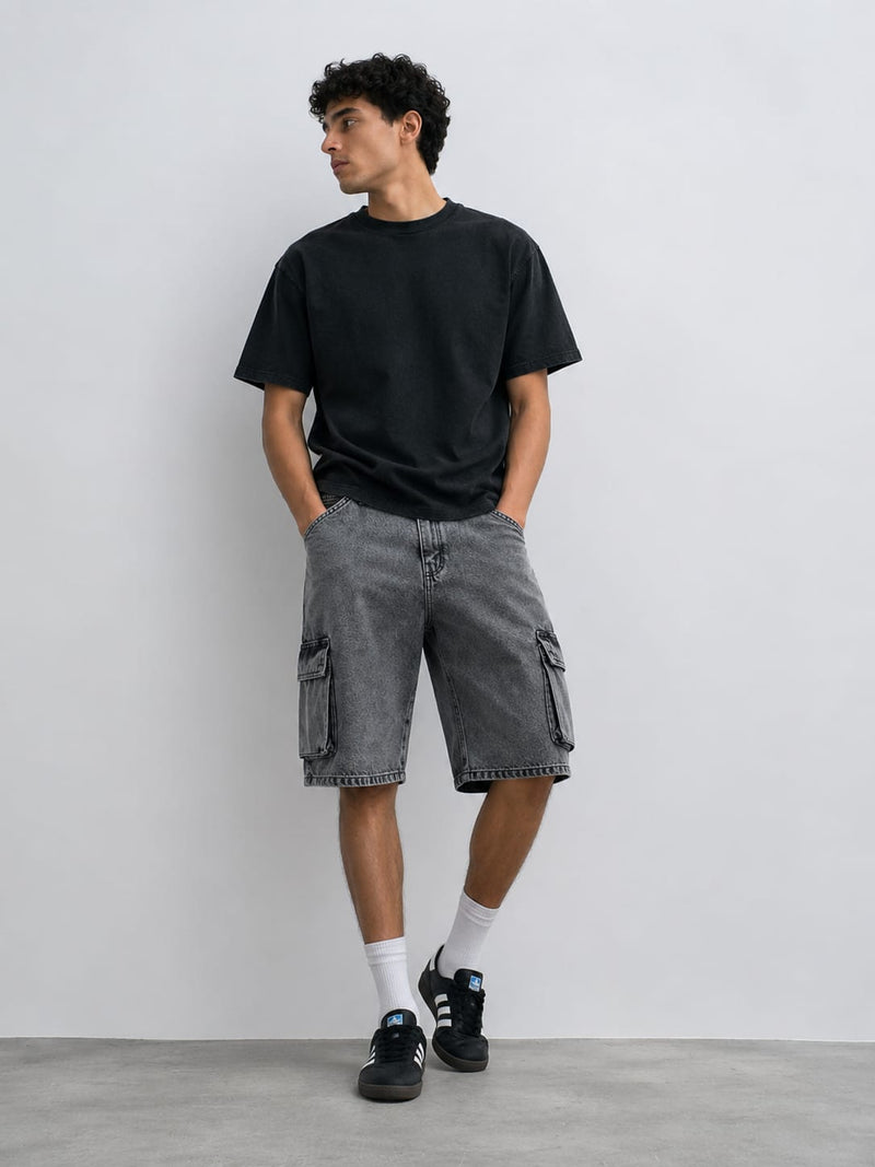Cargo Denim Shorts – Mid-Waist Washed Grey Cargo Denim Shorts CIZARO - Cizaro Jeans