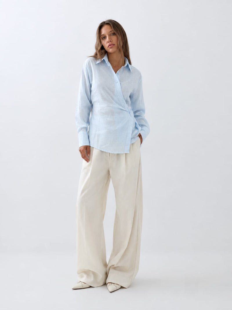 Side-Tie Wrap Linen Blouse – Pastel Blue Blouse CIZARO - Cizaro Jeans