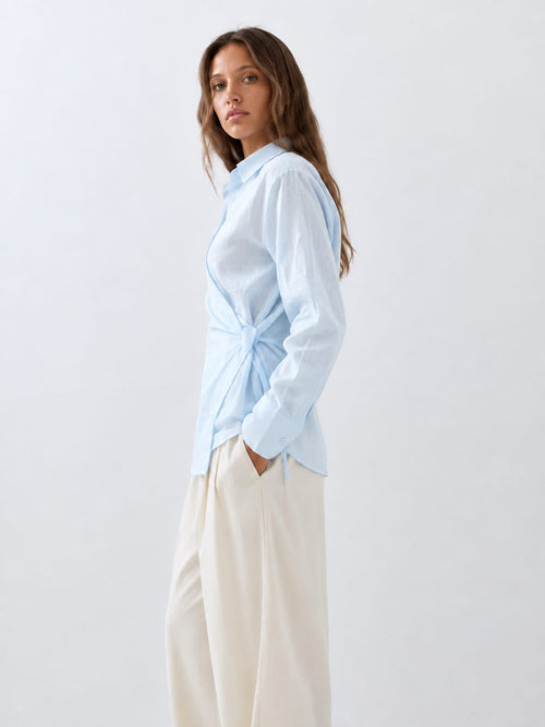 Side-Tie Wrap Linen Blouse – Pastel Blue