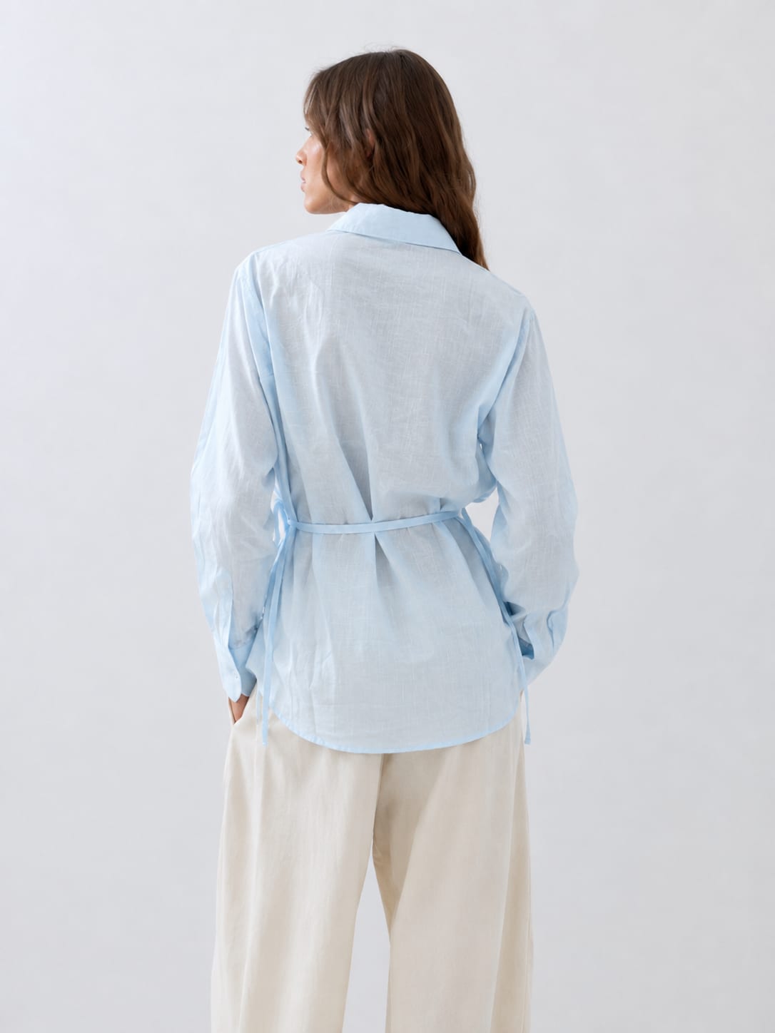Side-Tie Wrap Linen Blouse – Pastel Blue