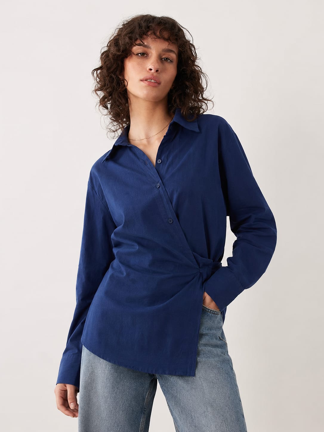 Side-Tie Wrap Blue Linen Blouse