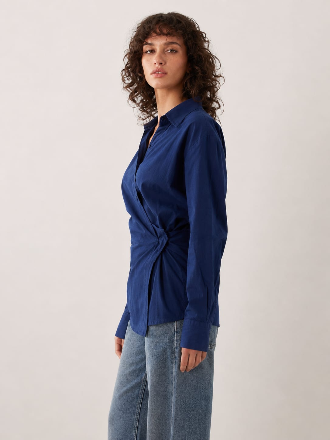 Side-Tie Wrap Blue Linen Blouse