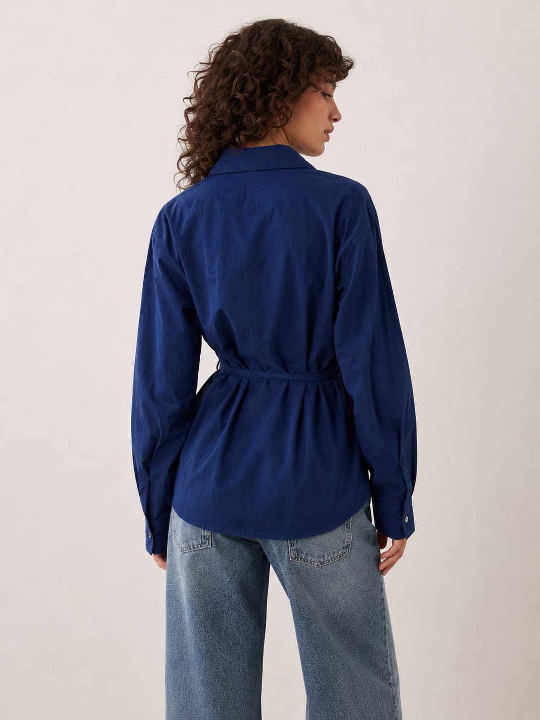 Side-Tie Wrap Blue Linen Blouse