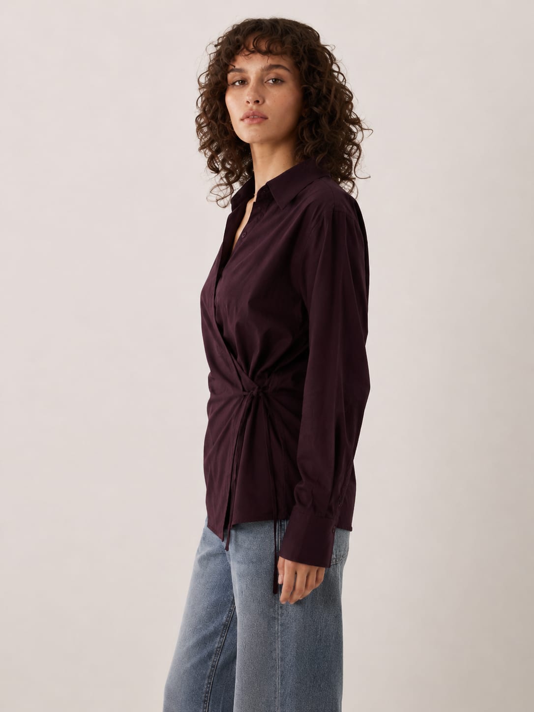Side-Tie Wrap burgundy Linen Blouse