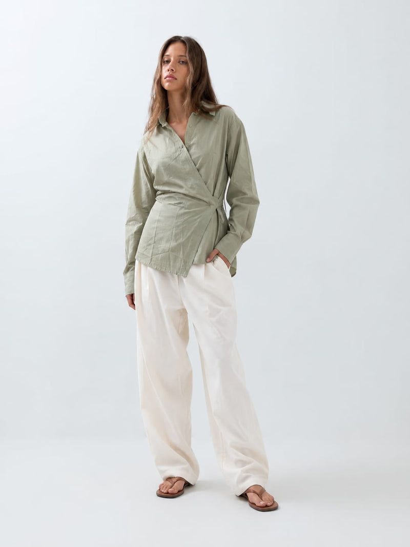 Side-Tie Wrap Linen Blouse – Mint Green Blouse CIZARO - Cizaro Jeans