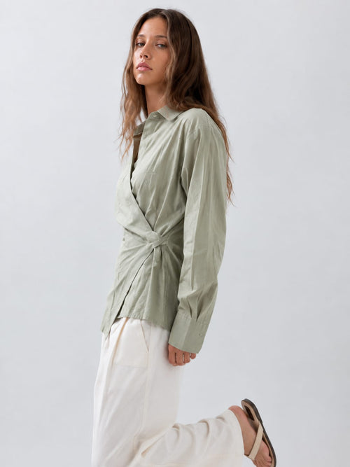 Side-Tie Wrap Linen Blouse – Mint Green