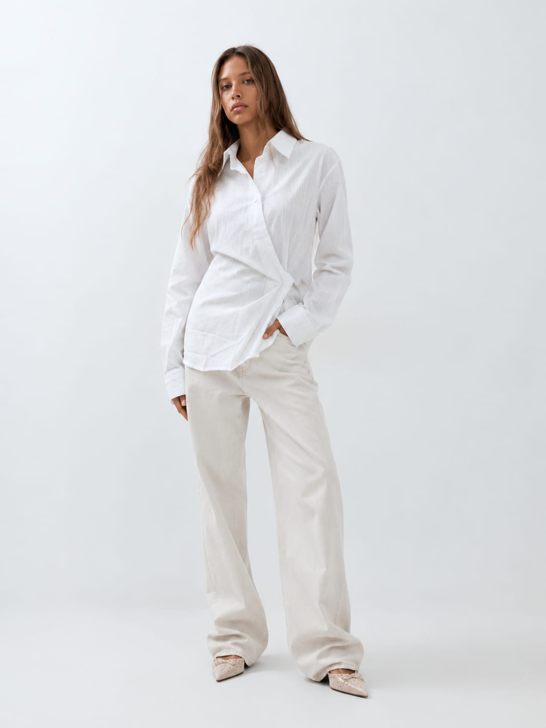 Side-Tie Wrap Linen Blouse – White
