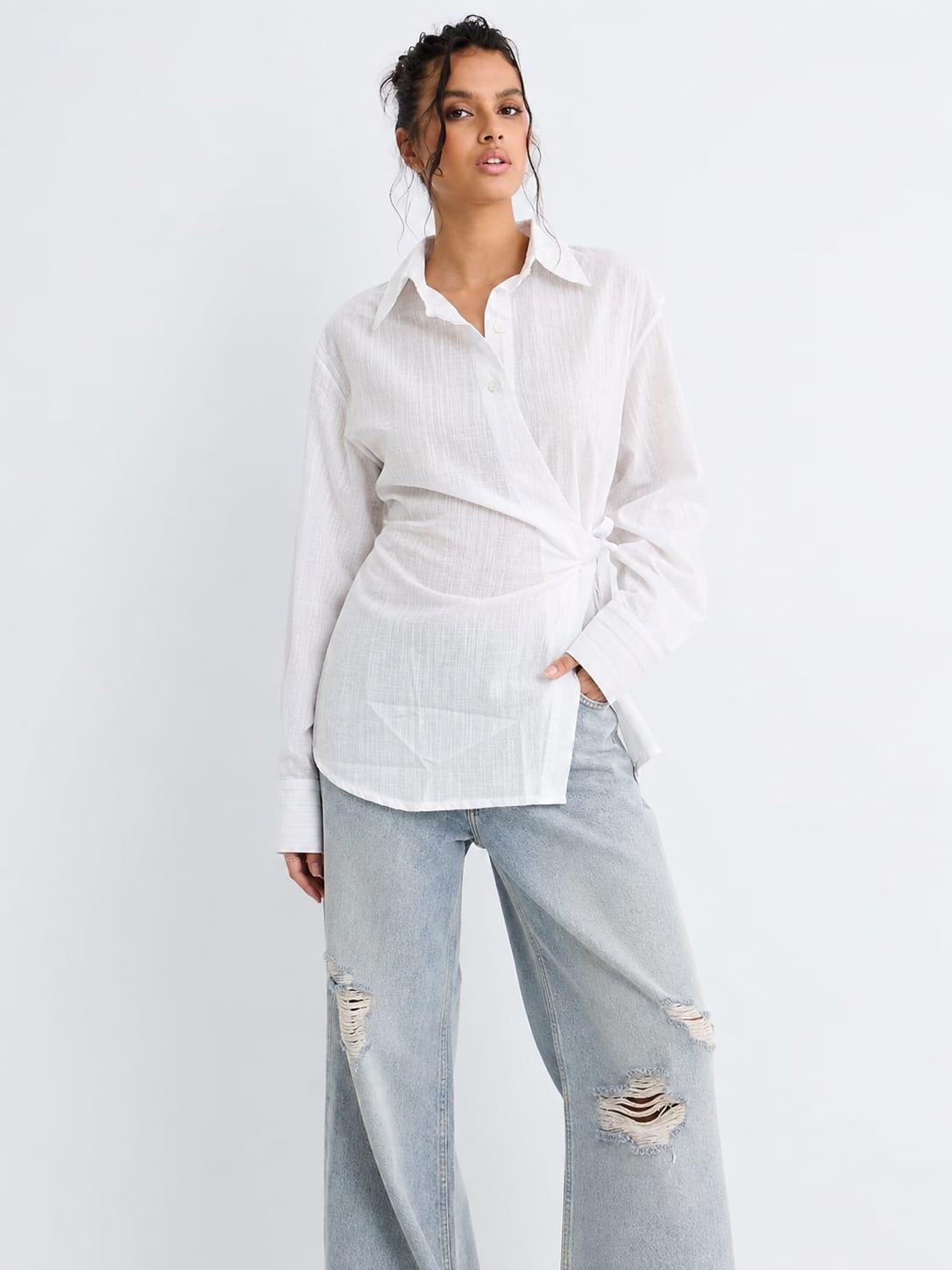 Side-Tie Wrap Linen Blouse – White