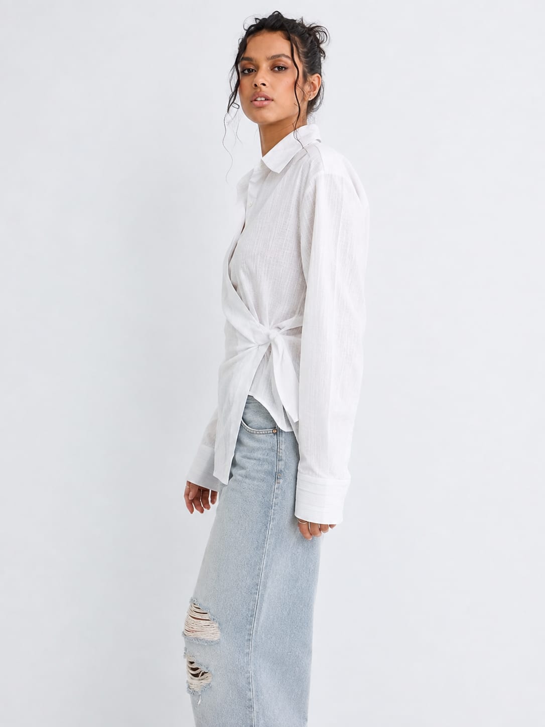 Side-Tie Wrap Linen Blouse – White