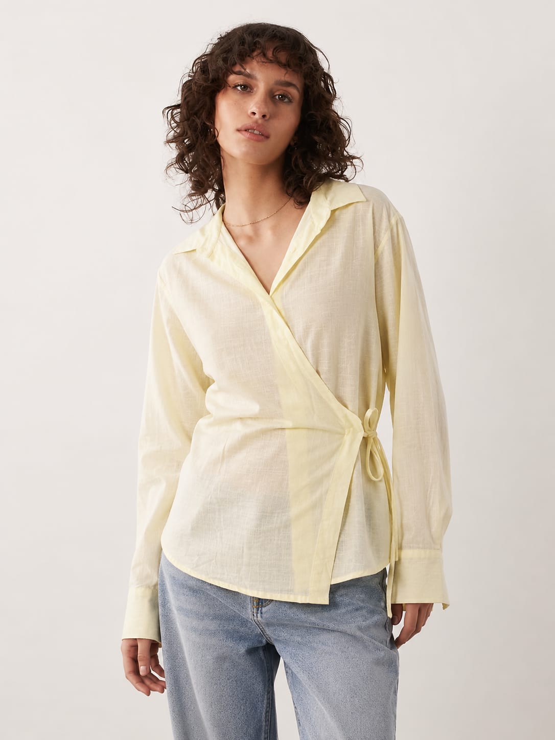Side-Tie Wrap Yellow Linen Blouse