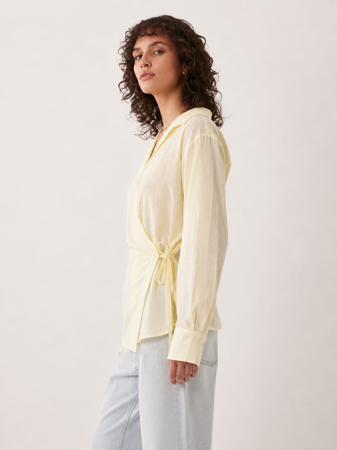 Side-Tie Wrap Yellow Linen Blouse