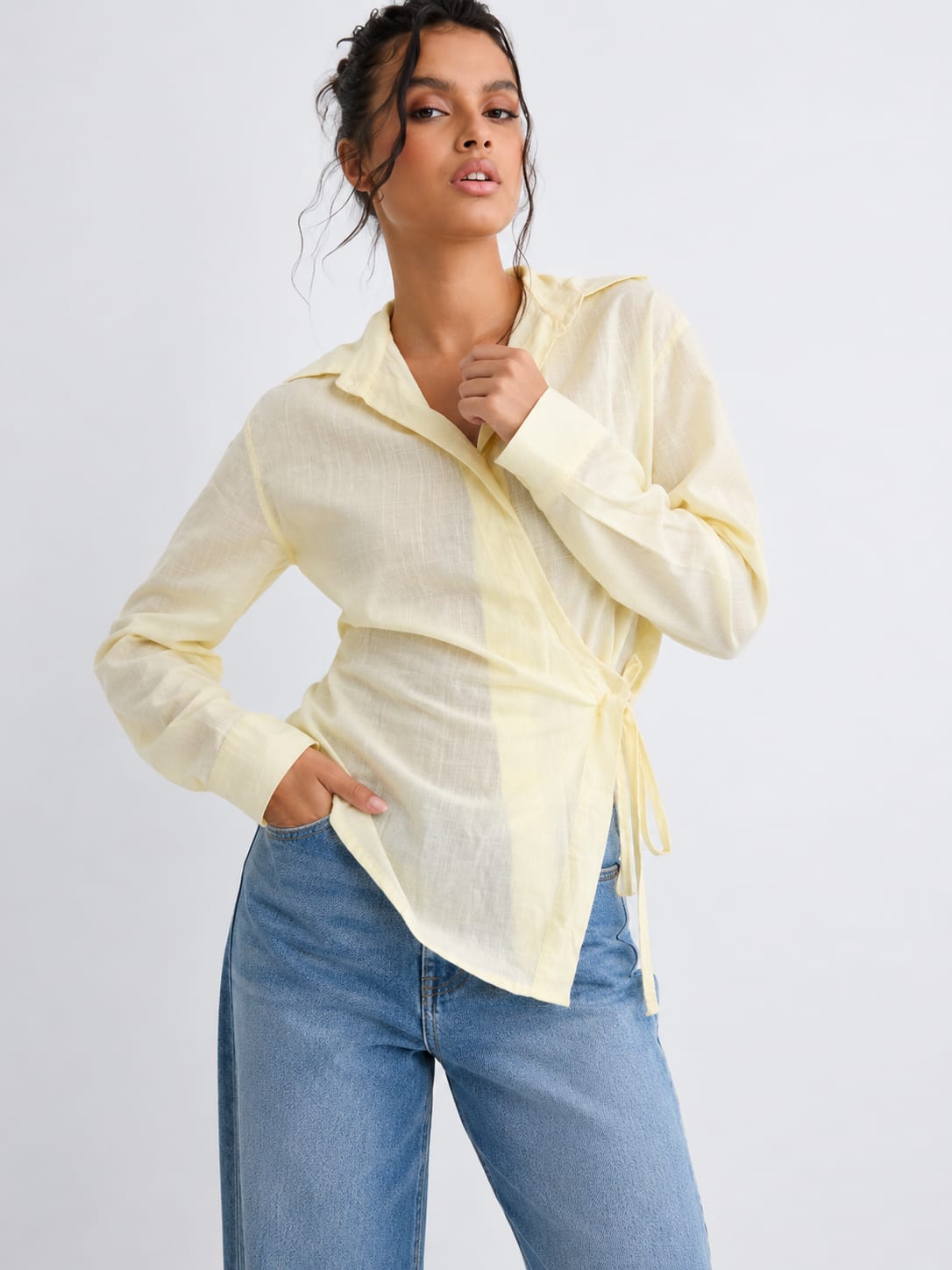 Side-Tie Wrap Yellow Linen Blouse