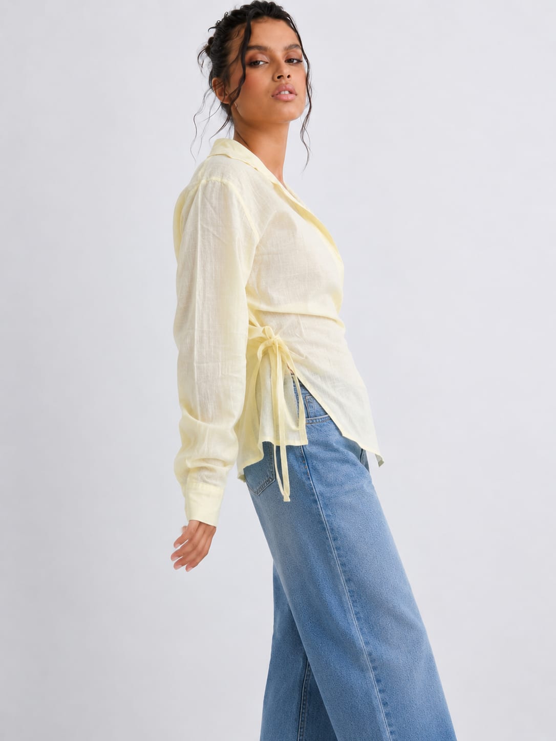 Side-Tie Wrap Yellow Linen Blouse