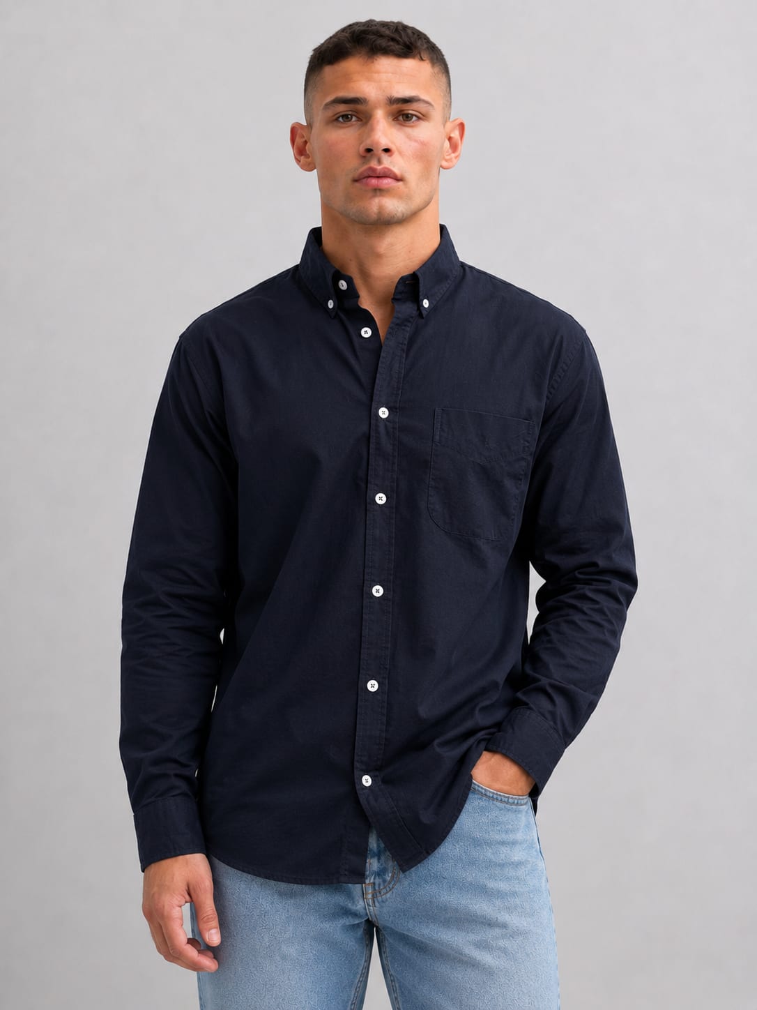 Men Navy Blue Long Sleeve Button-Down Shirt Shirt CIZARO - Cizaro Jeans