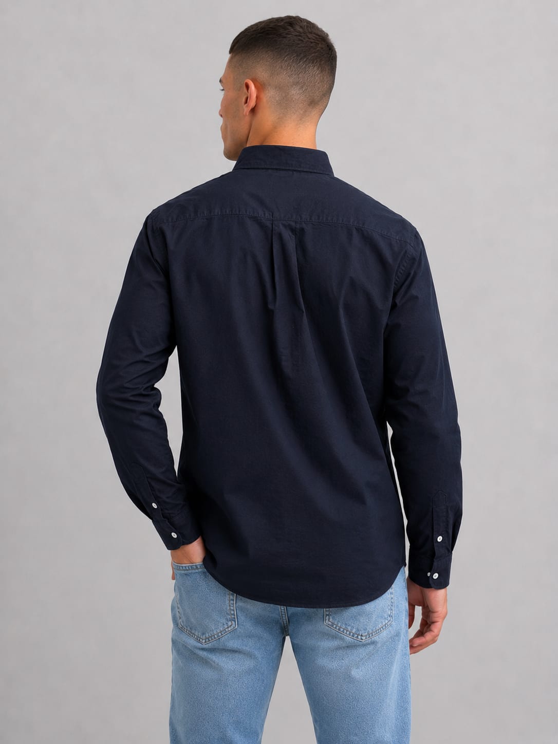Men Navy Blue Long Sleeve Button-Down Shirt Shirt CIZARO - Cizaro Jeans