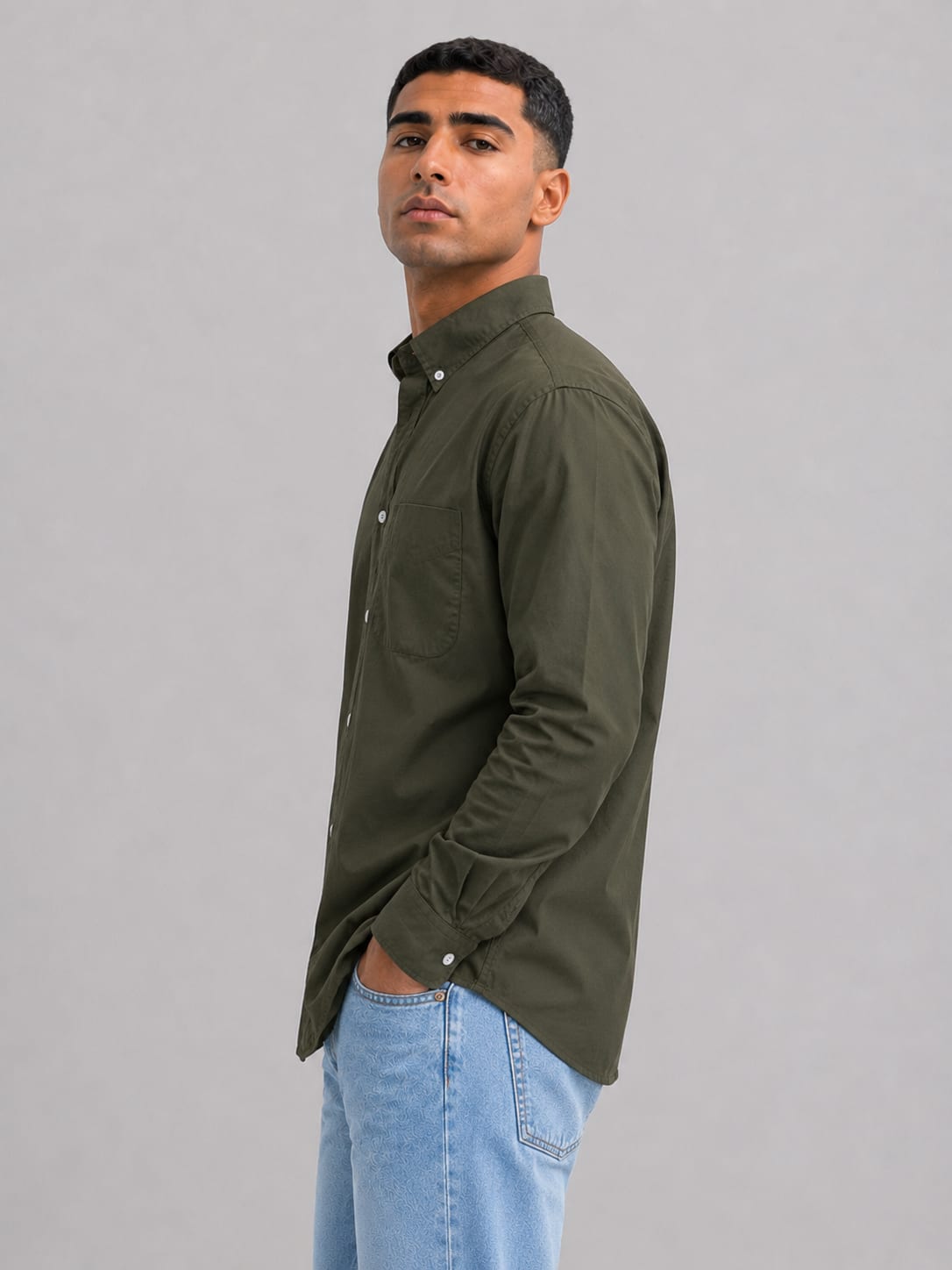 Men Olive Long Sleeve Button-Down Shirt Shirt CIZARO - Cizaro Jeans