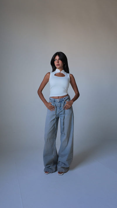 Super Baggy High Waist – Tie Belt & Shadow Pocket Light Acid Blue Jeans