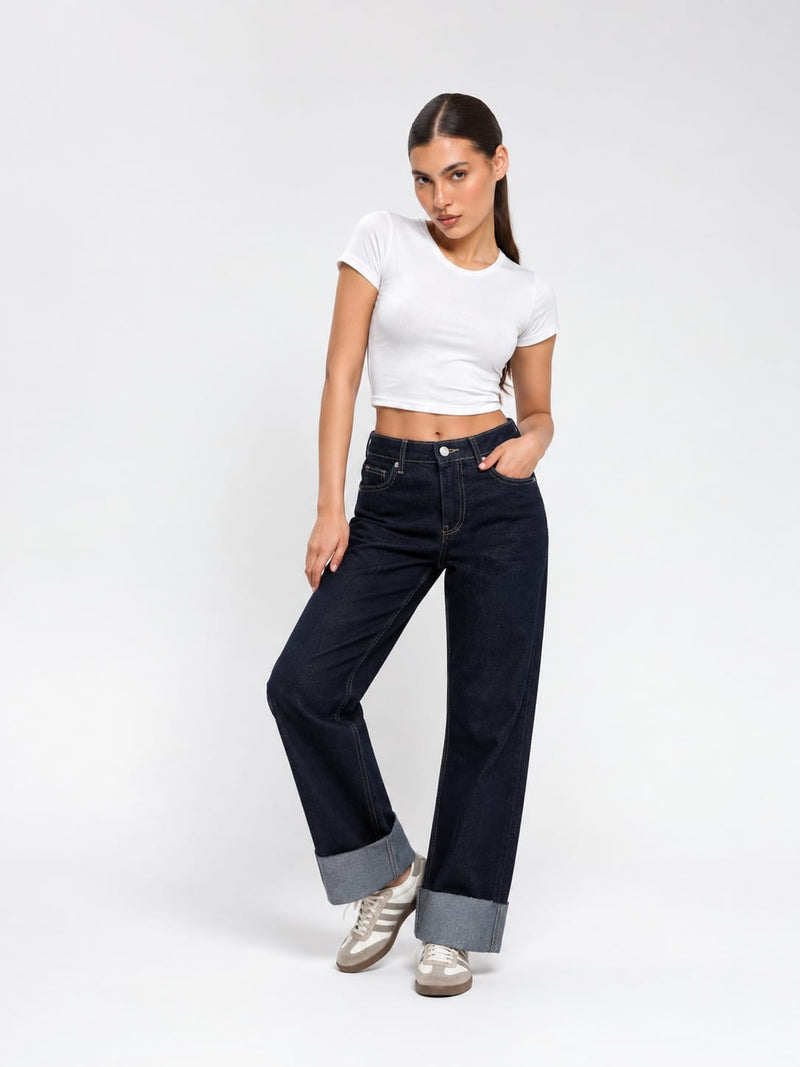 Straight High-Waist Turn-Up Raw Denim Jeans Straight CIZARO - Cizaro Jeans
