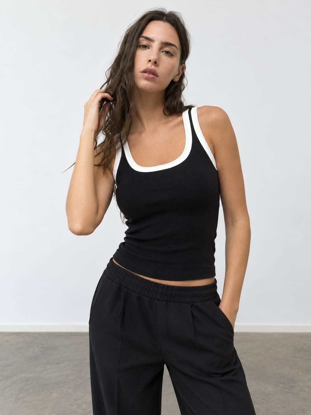 Black Contrast Ribbed Tank Top