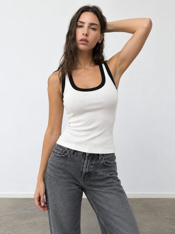 White Contrast Ribbed Tank Top Tank top CIZARO - Cizaro Jeans