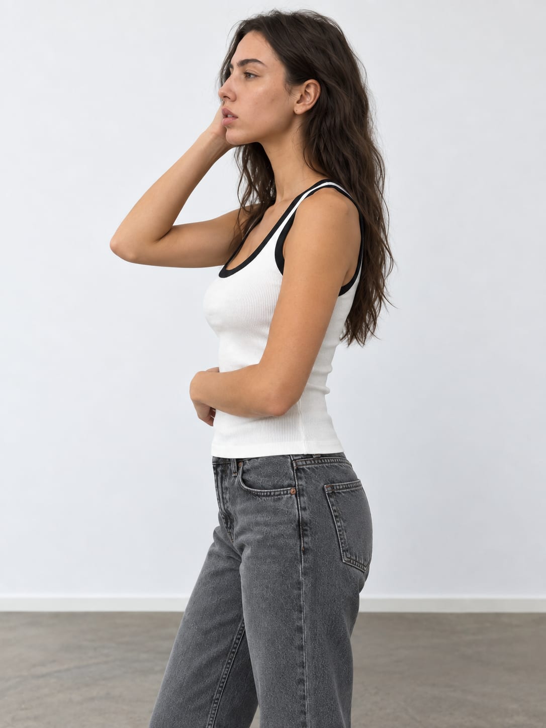 White Contrast Ribbed Tank Top