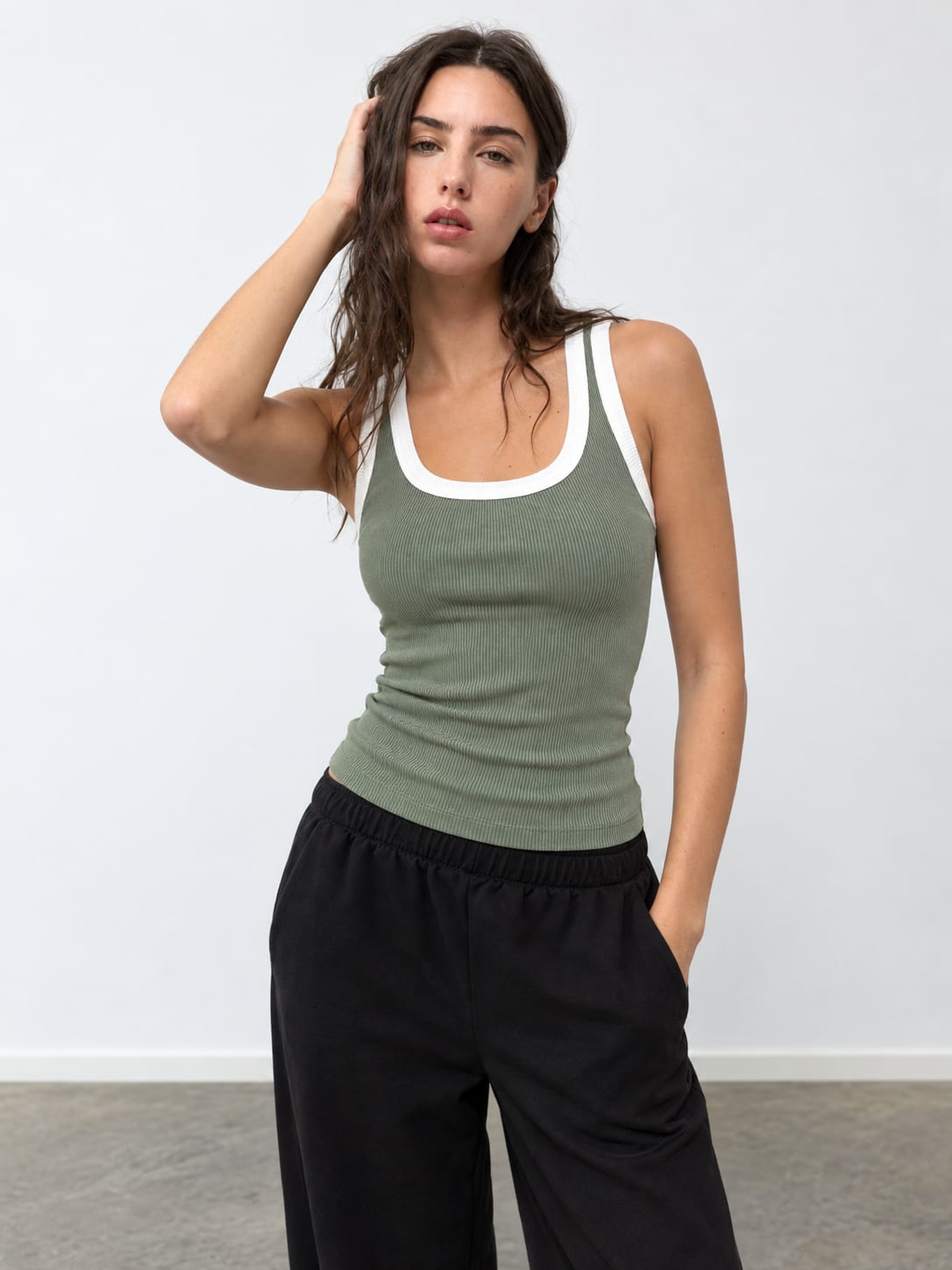Olive Contrast Ribbed Tank Top