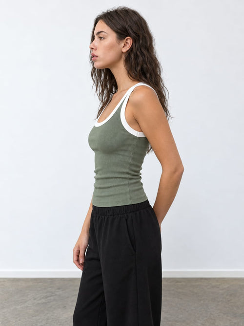 Olive Contrast Ribbed Tank Top
