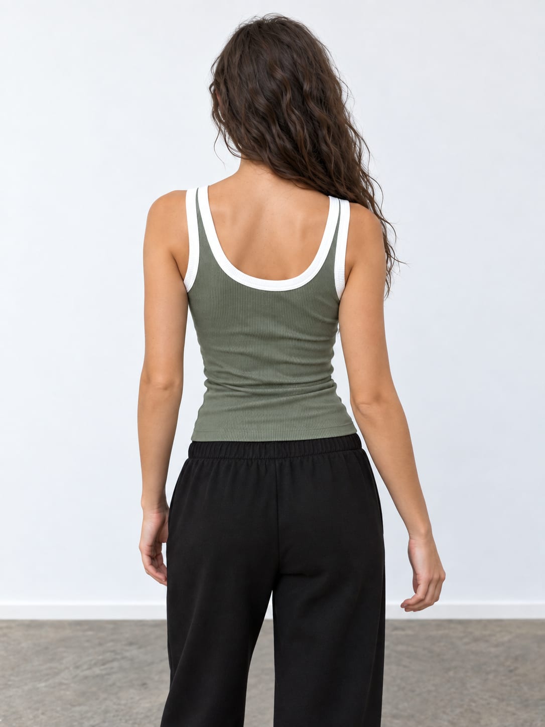 Olive Contrast Ribbed Tank Top