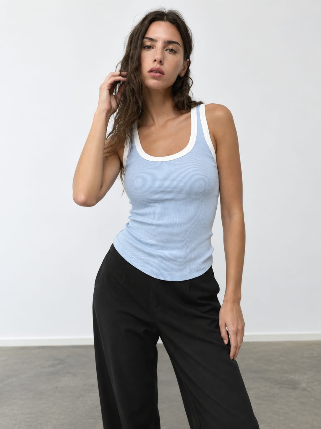 Pastel Blue Contrast Ribbed Tank Top