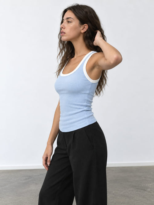 Pastel Blue Contrast Ribbed Tank Top