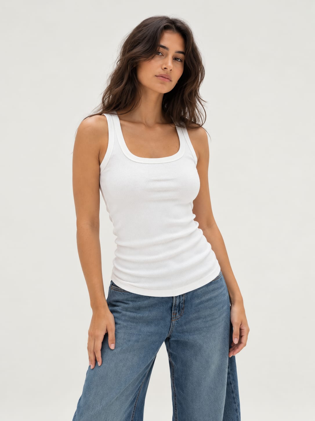Ribbed U-Neck Tank Top – White