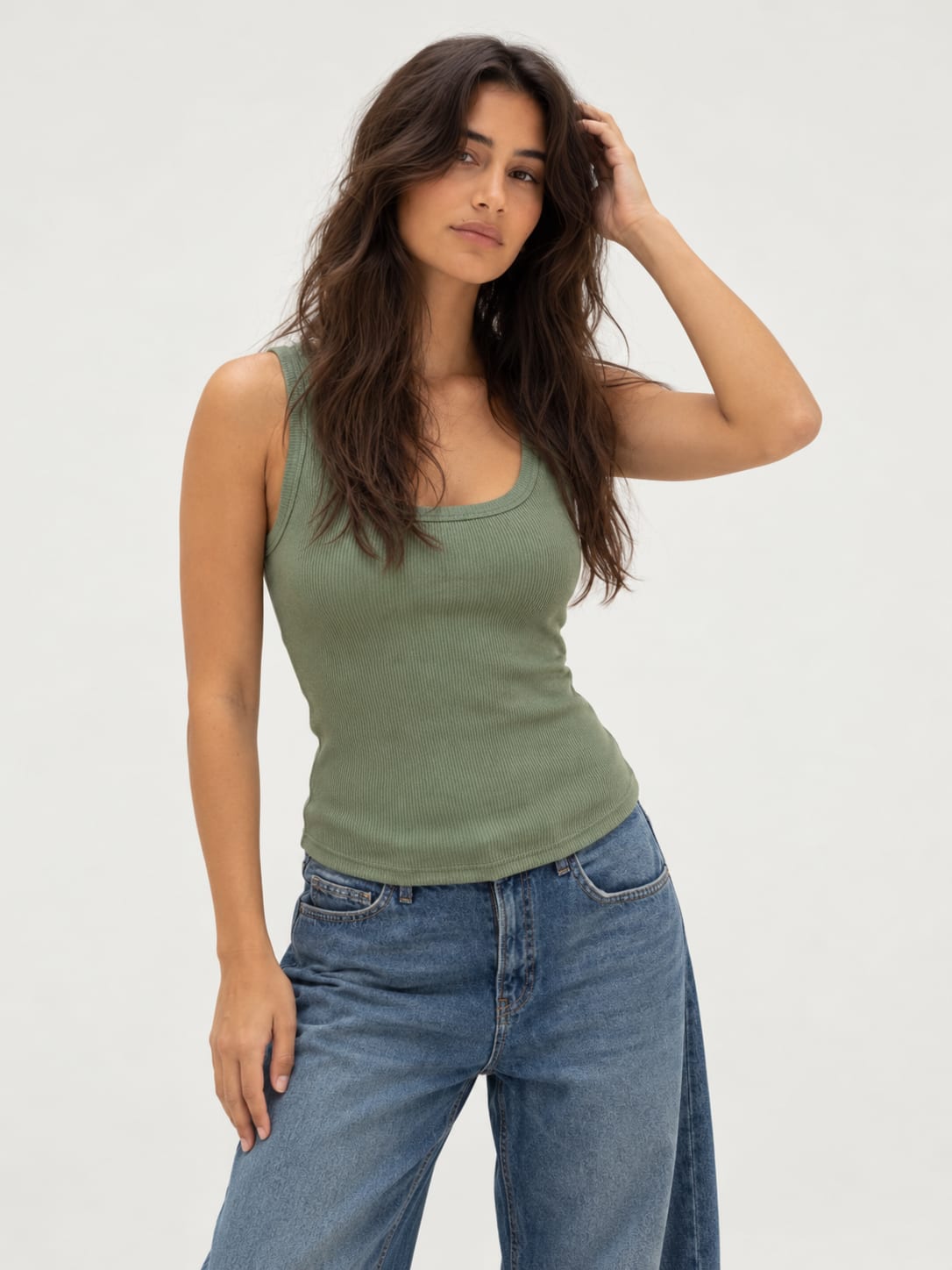 Ribbed U-Neck Fitted Tank Top – Olive