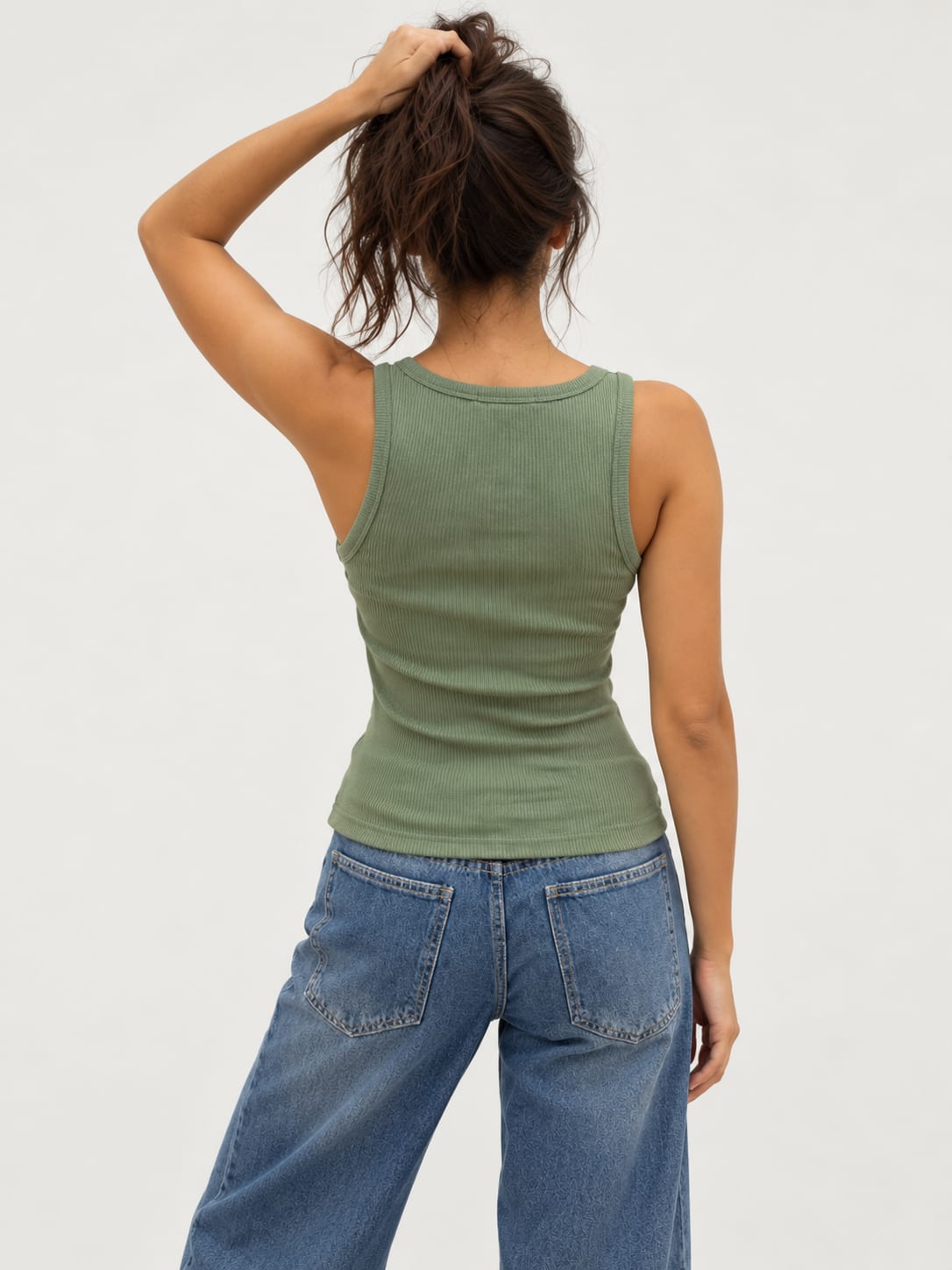 Ribbed U-Neck Fitted Tank Top – Olive