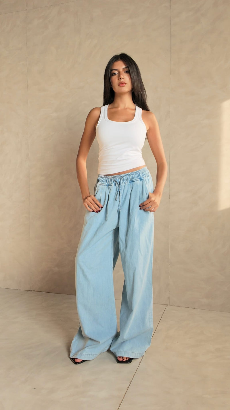 Wide-Leg Drawstring Light Blue Denim Pants