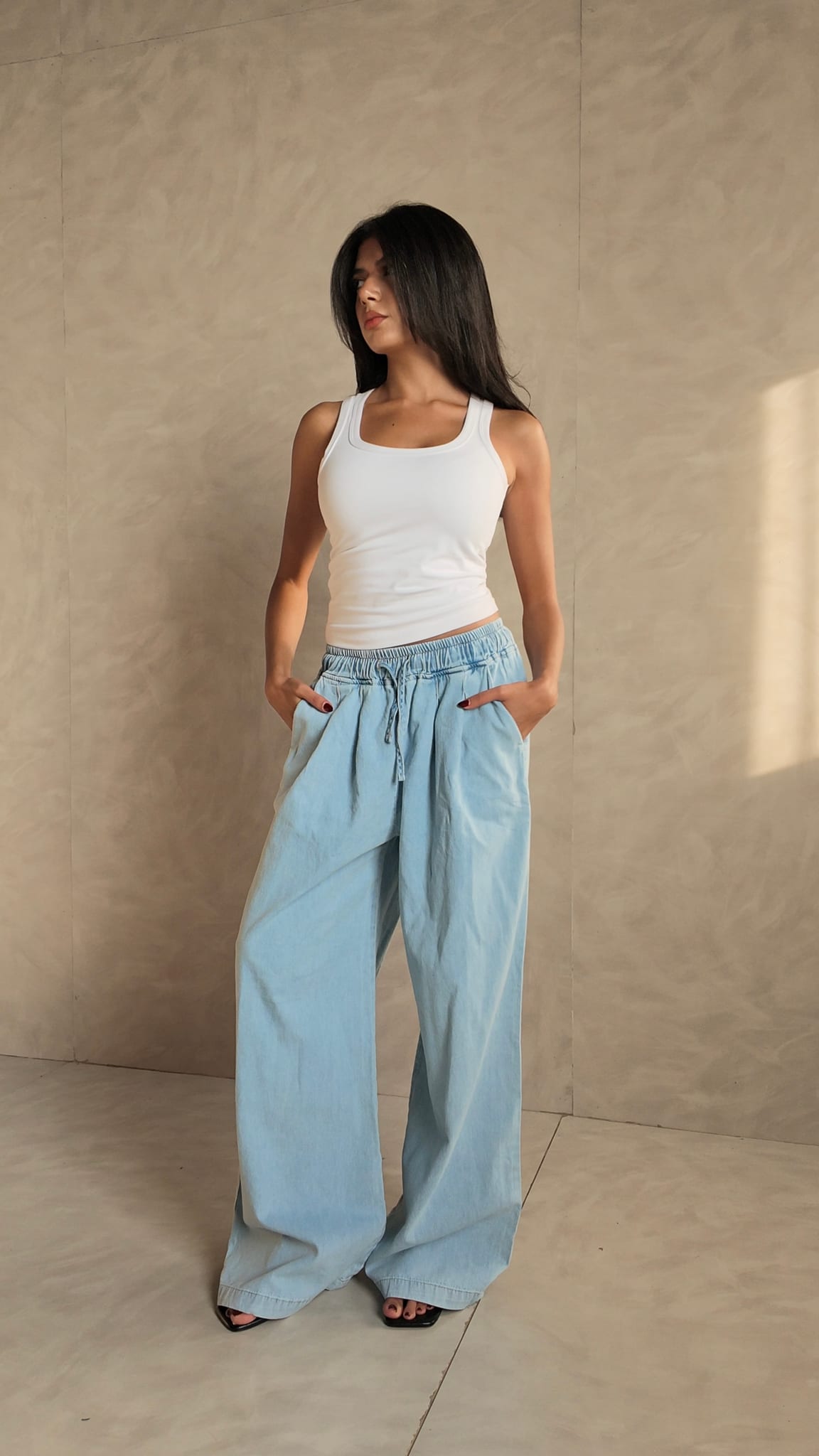 Wide-Leg Drawstring Light Blue Denim Pants