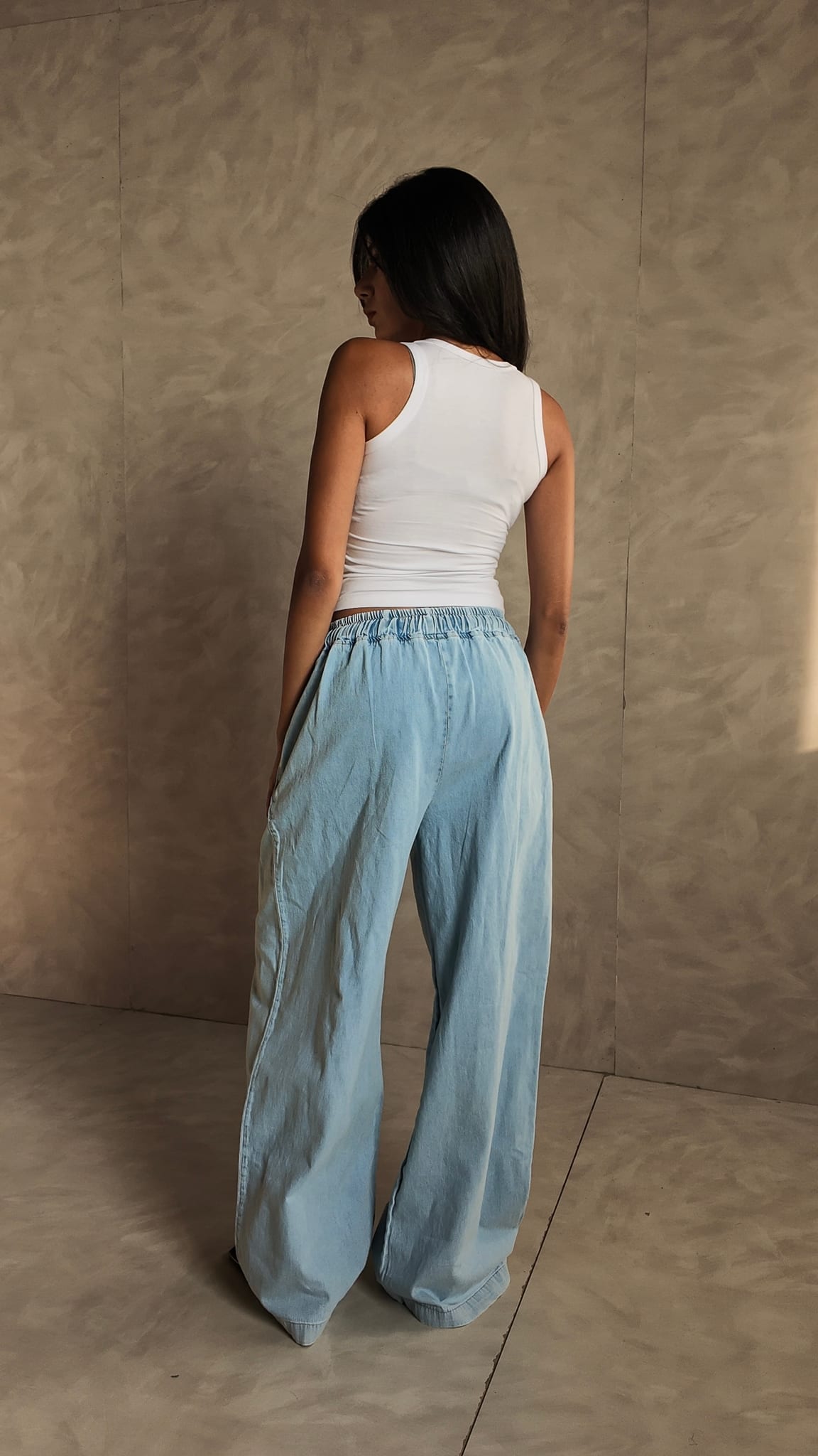 Wide-Leg Drawstring Light Blue Denim Pants